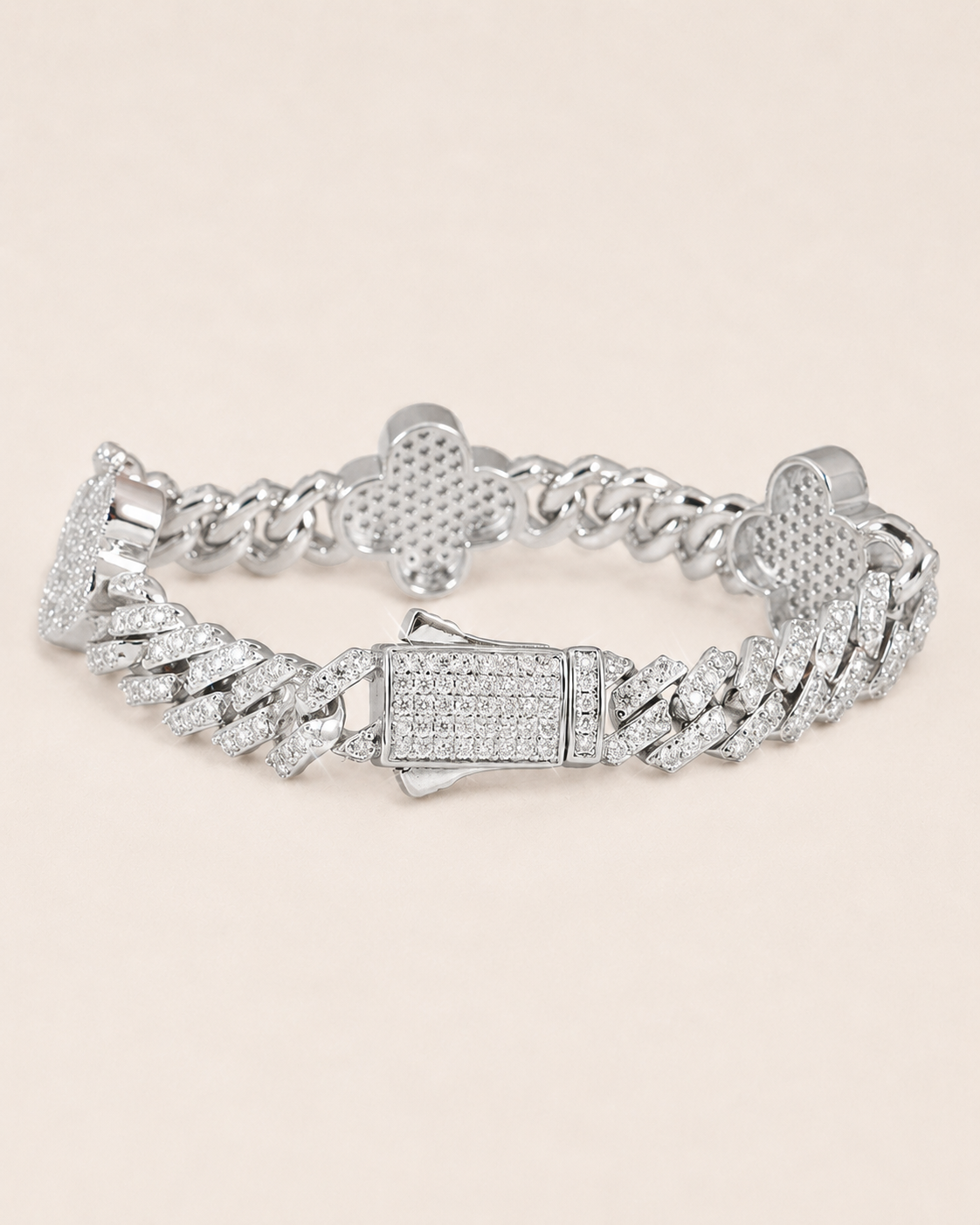Clover Link Iced Out Bracelet  White Gold Finish