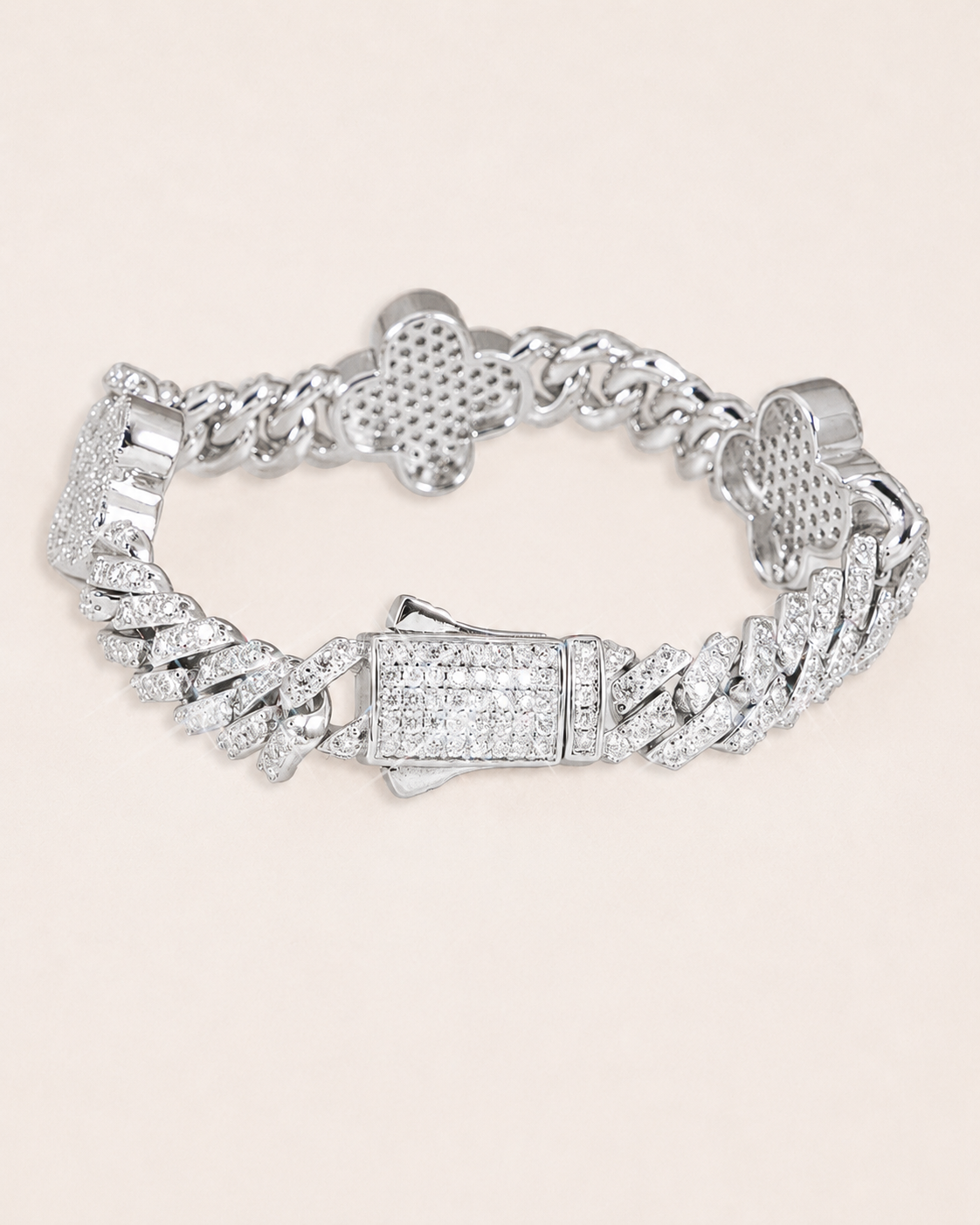 Iced Out Clover Cuban Link Bracelet 925 Sterling Silver White Gold Finish