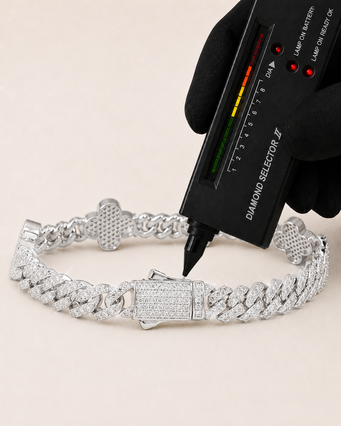 Clover Link Iced Out Bracelet  White Gold Finish