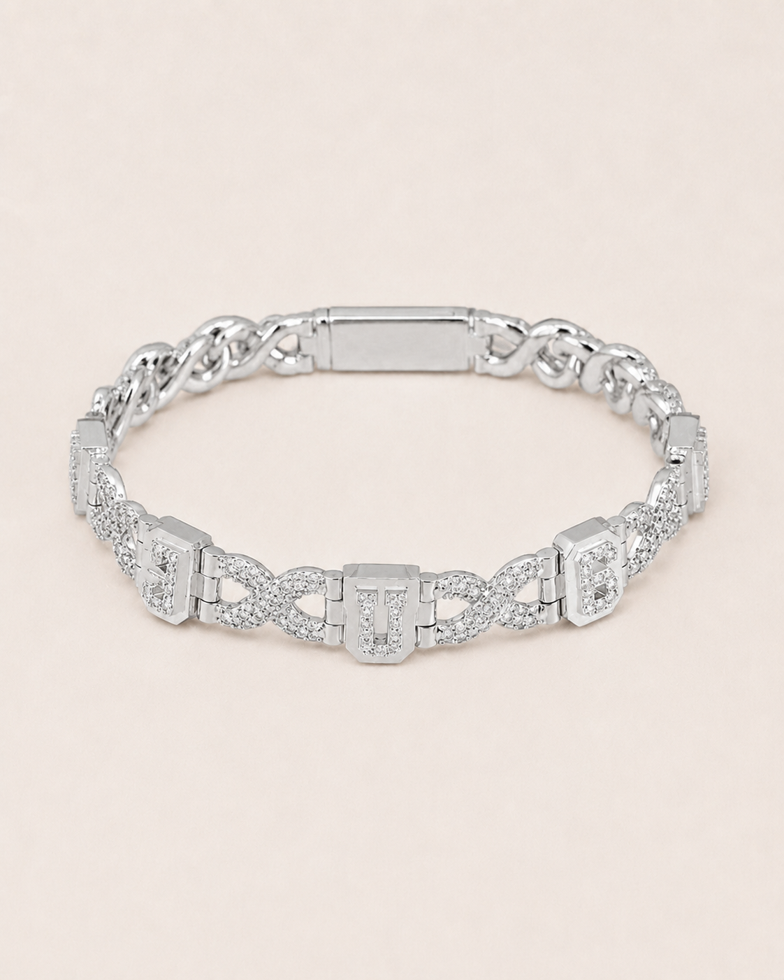 Greek Key Link Bracelet 925 Sterling Silver White Gold Finish