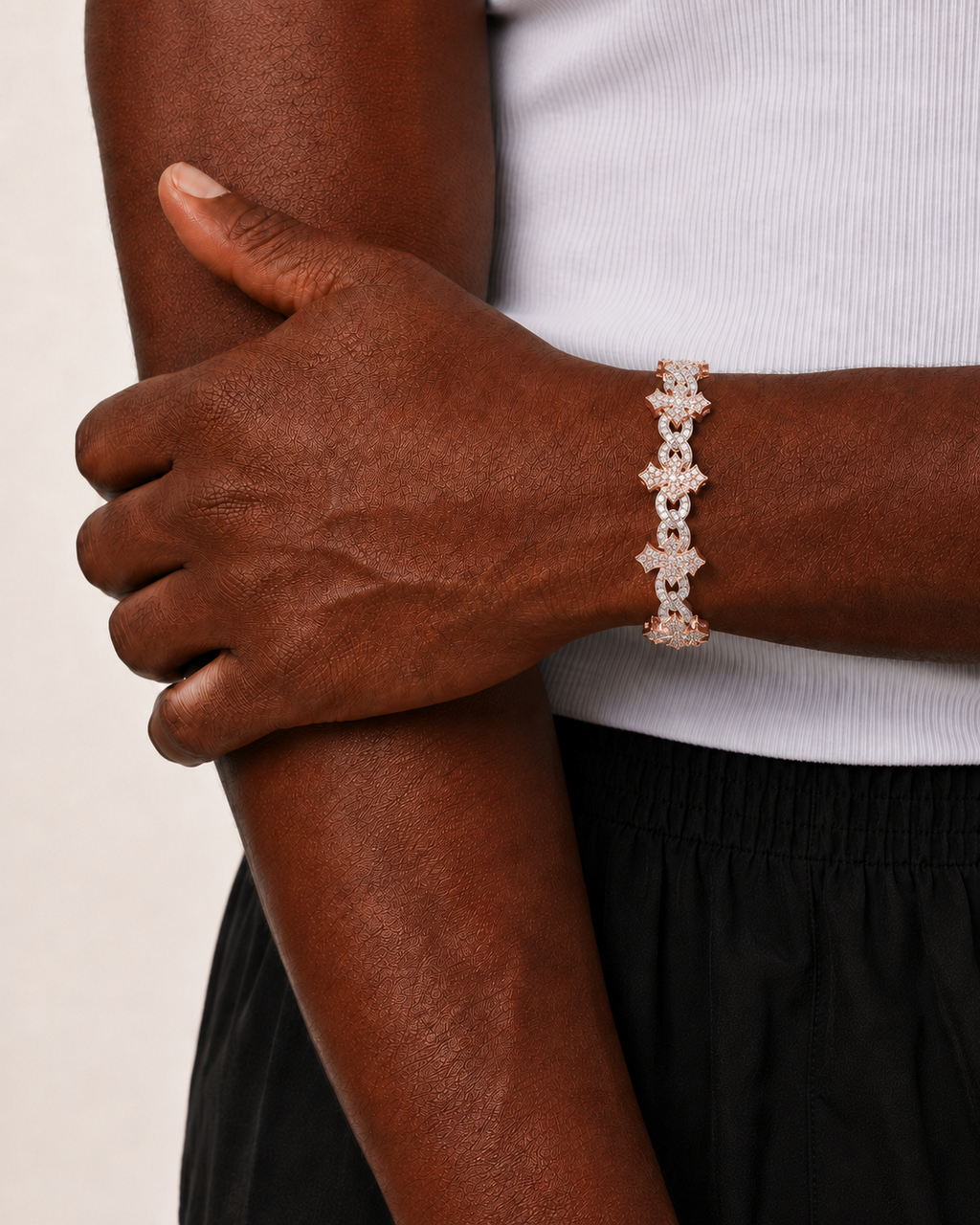 Two Tone Leaf Motif Iced Out Bracelet  Rose Gold & White Finish