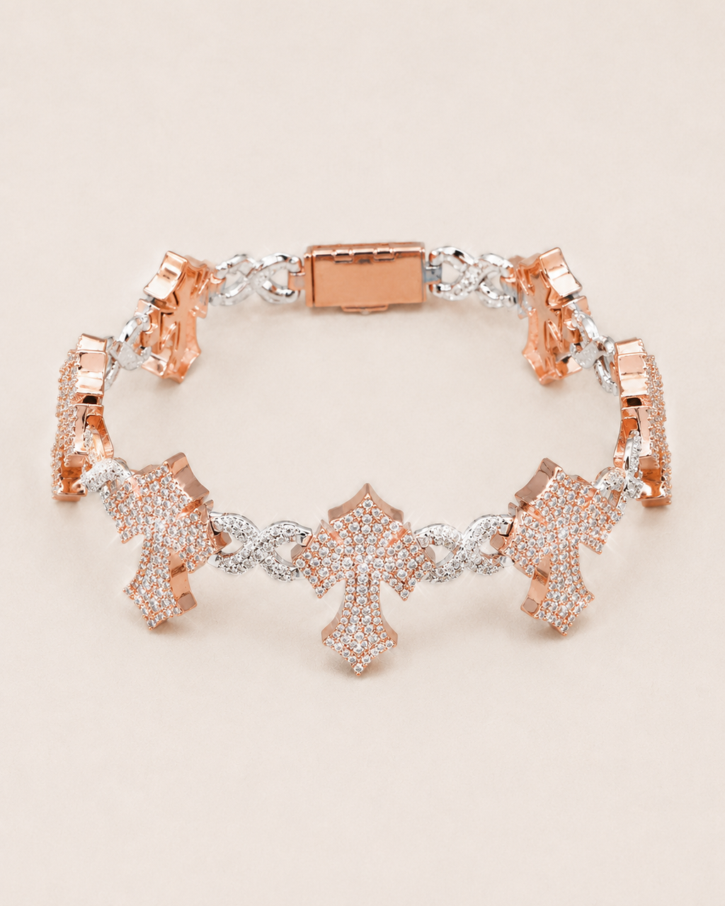 Rose Gold Iced Out Cross Link Bracelet 925 Sterling Silver Bracelet