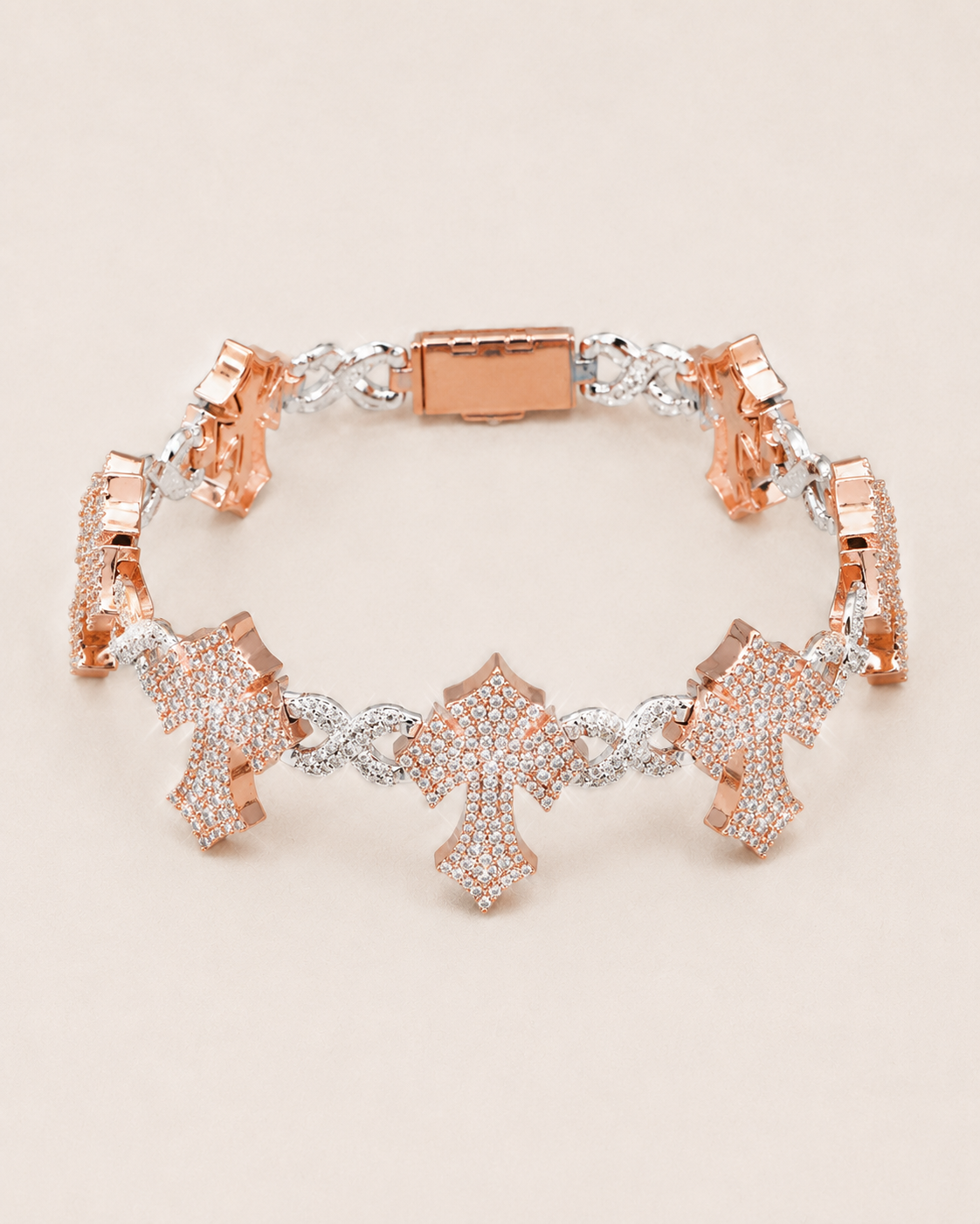 Rose Gold Iced Out Cross Link Bracelet 925 Sterling Silver Bracelet