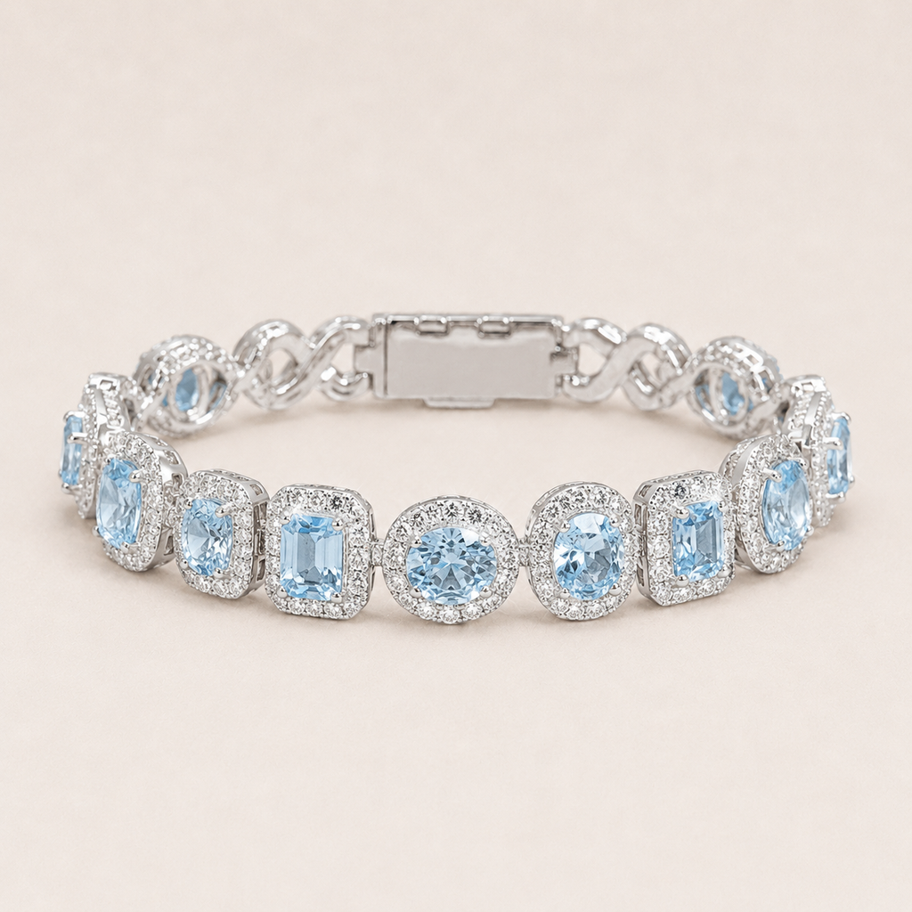 Blue Topaz Halo Tennis Bracelet White Gold Finish Luxury Bracelet