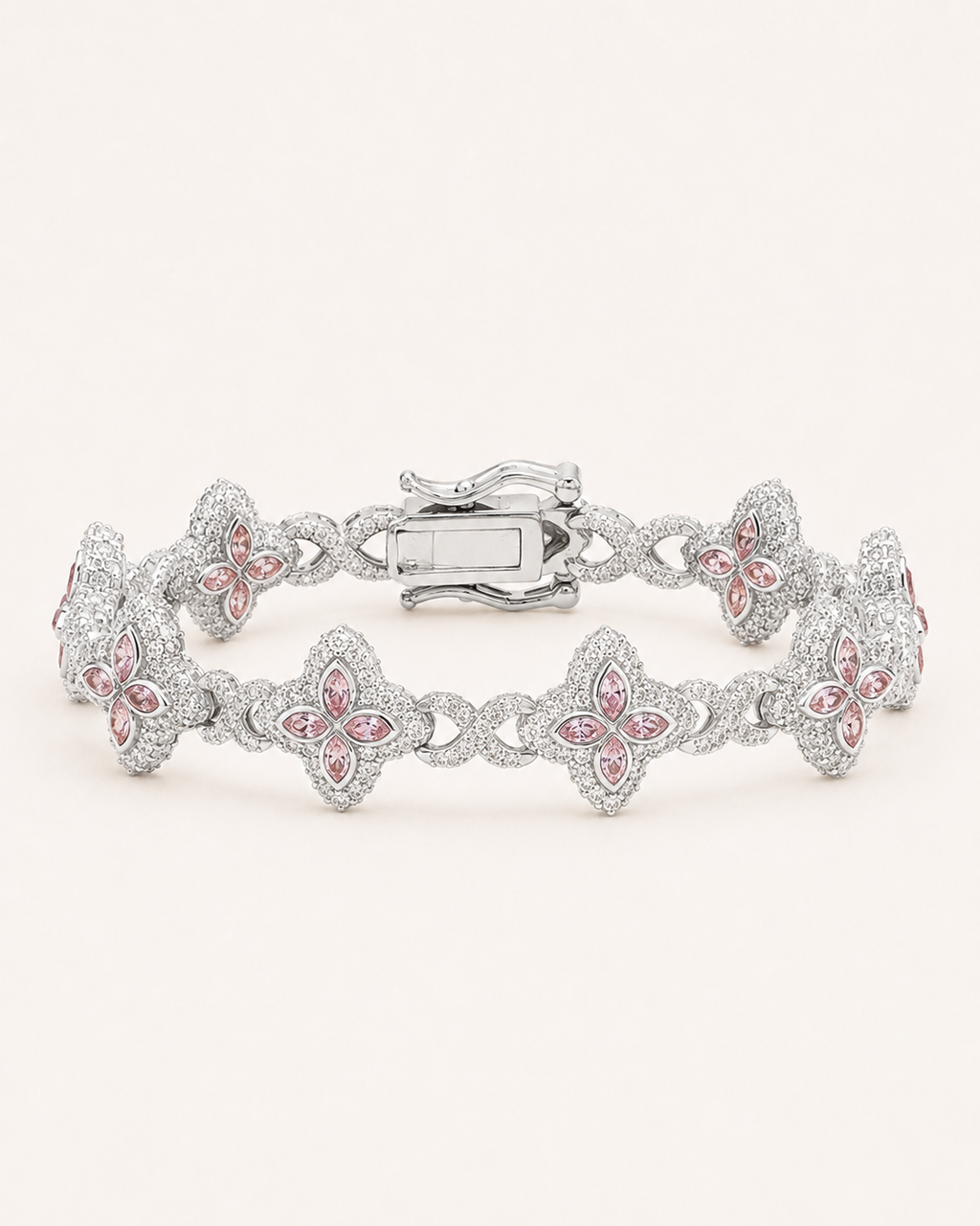 Pink Floral Link Bracelet 925 Sterling Silver White Gold Finish