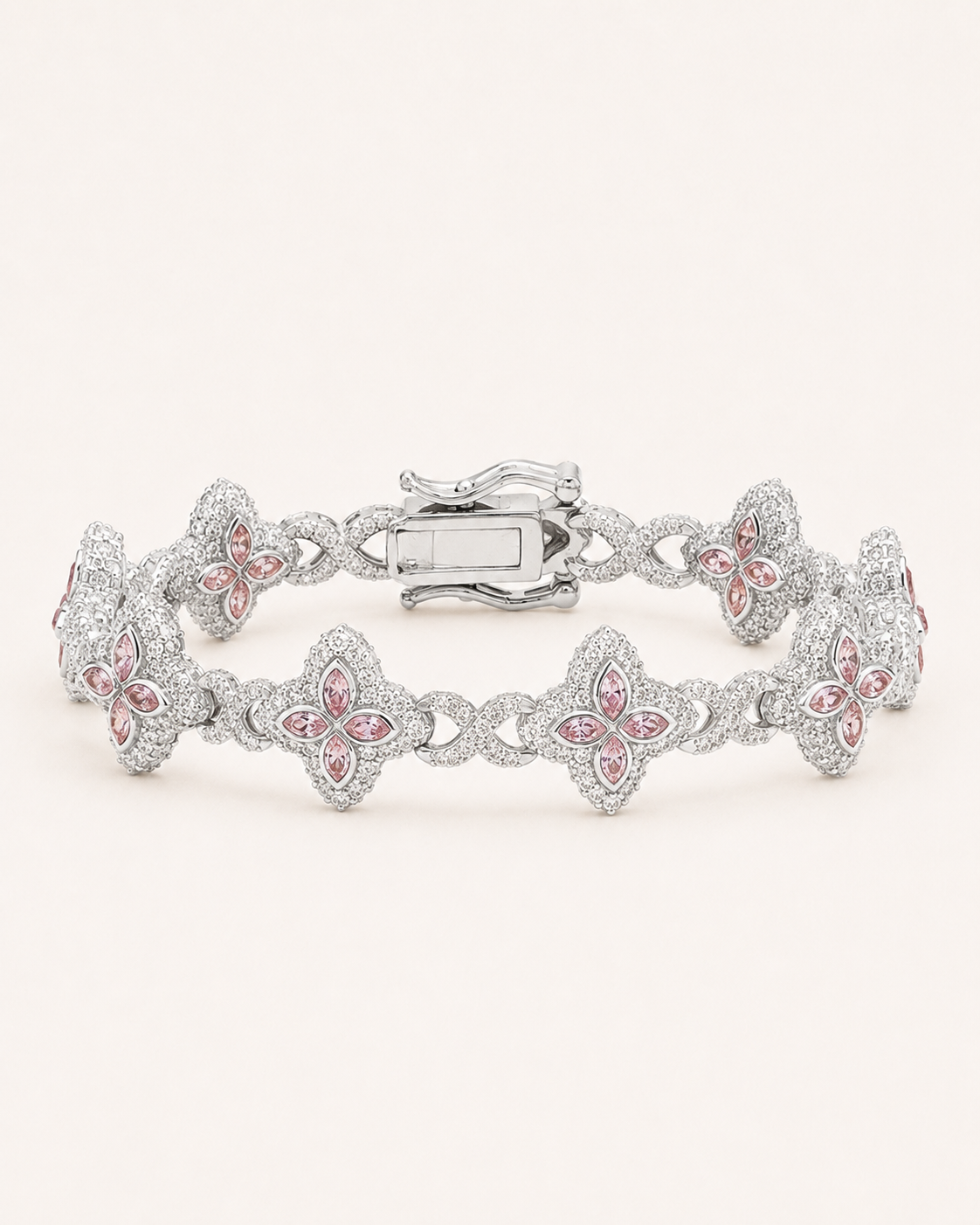 Pink Floral Link Bracelet 925 Sterling Silver White Gold Finish