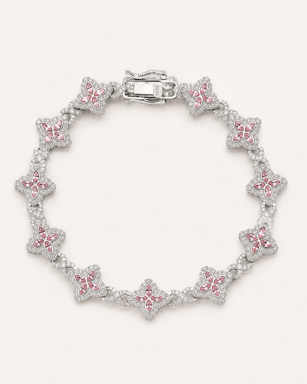 Pink Floral Link Bracelet 925 Sterling Silver White Gold Finish