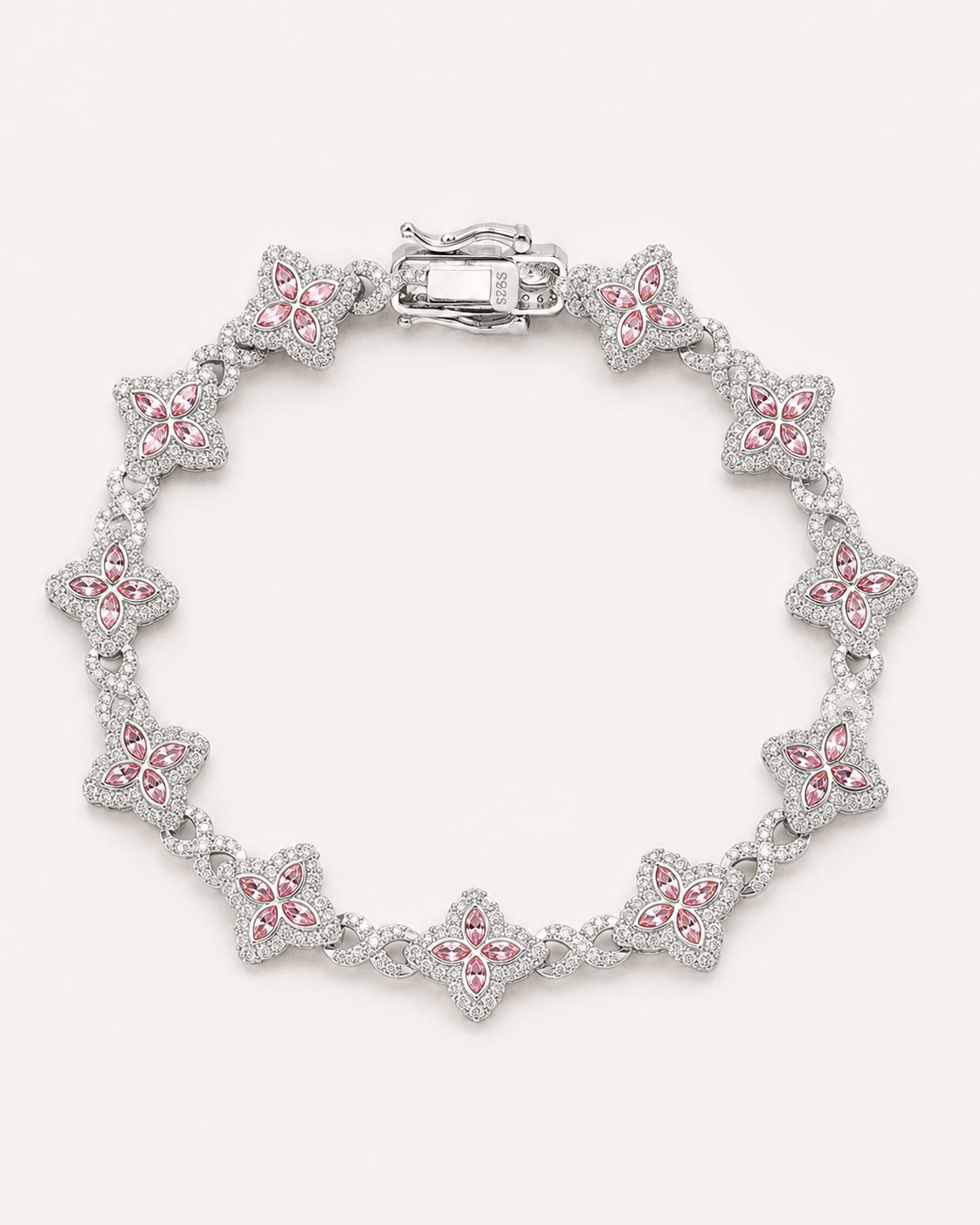 Pink Floral Link Bracelet 925 Sterling Silver White Gold Finish