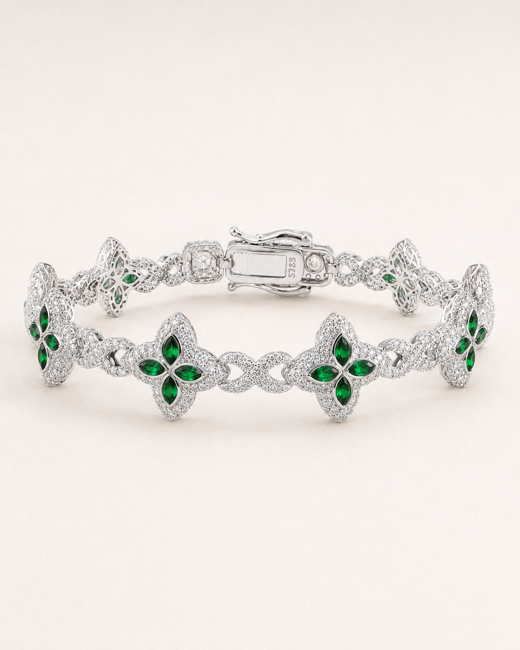 Emerald Green Floral Link Bracelet 925 Sterling Silver White Gold Finish