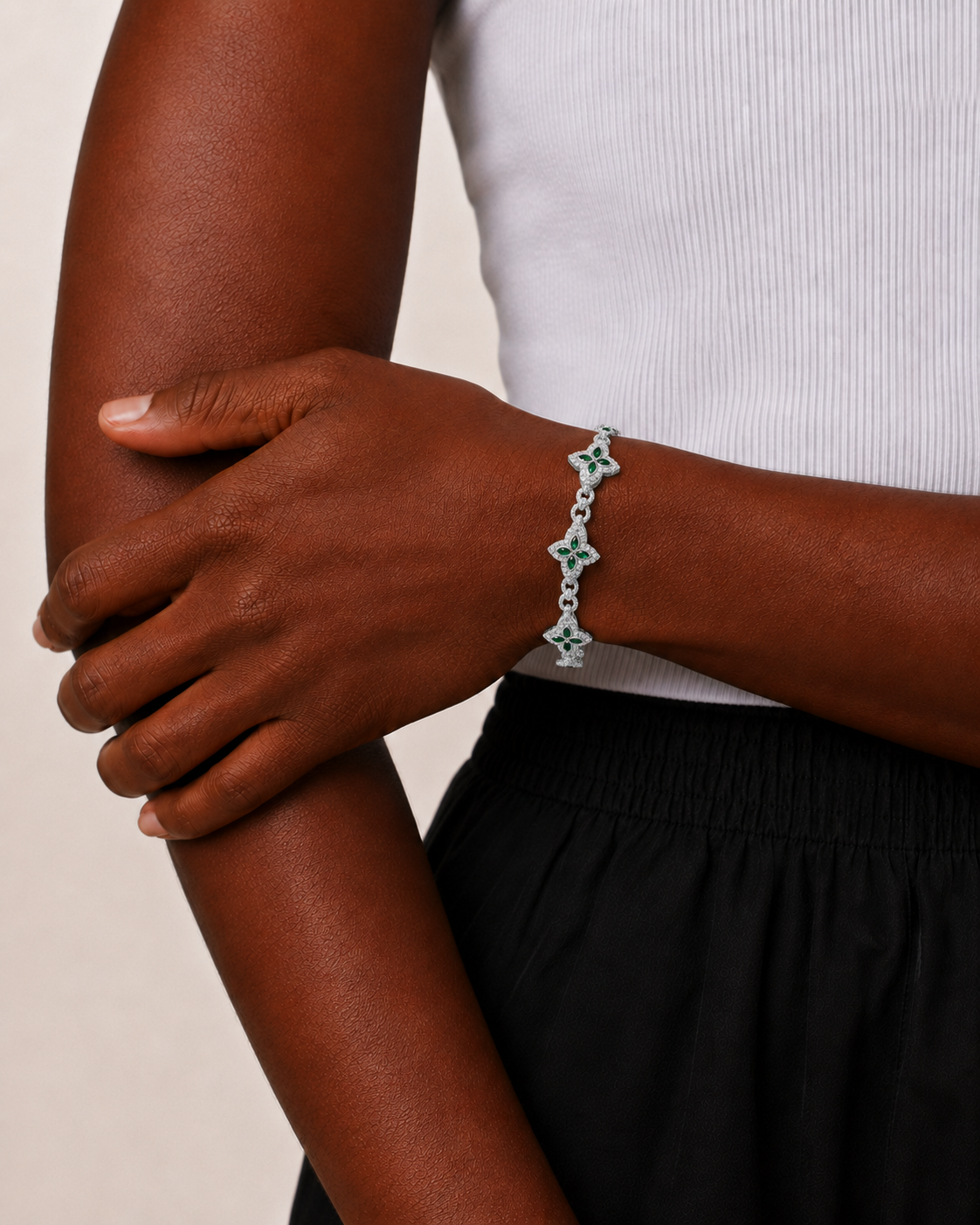 Emerald Green Floral Link Bracelet 925 Sterling Silver White Gold Finish