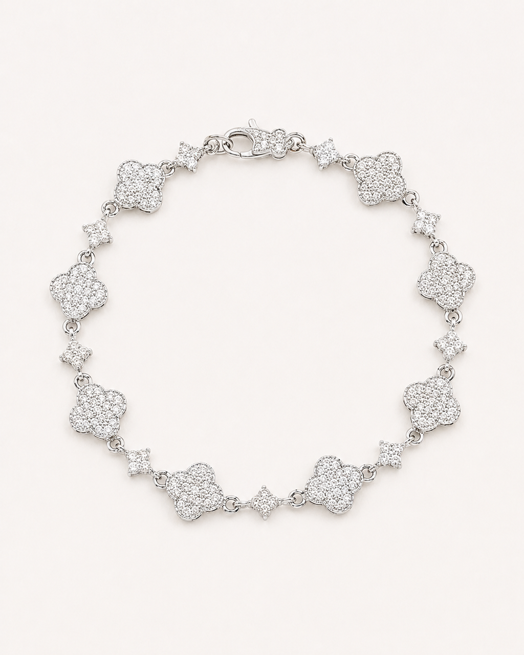 Iced Out Clover Link Bracelet 925 Sterling Silver White Gold Finish