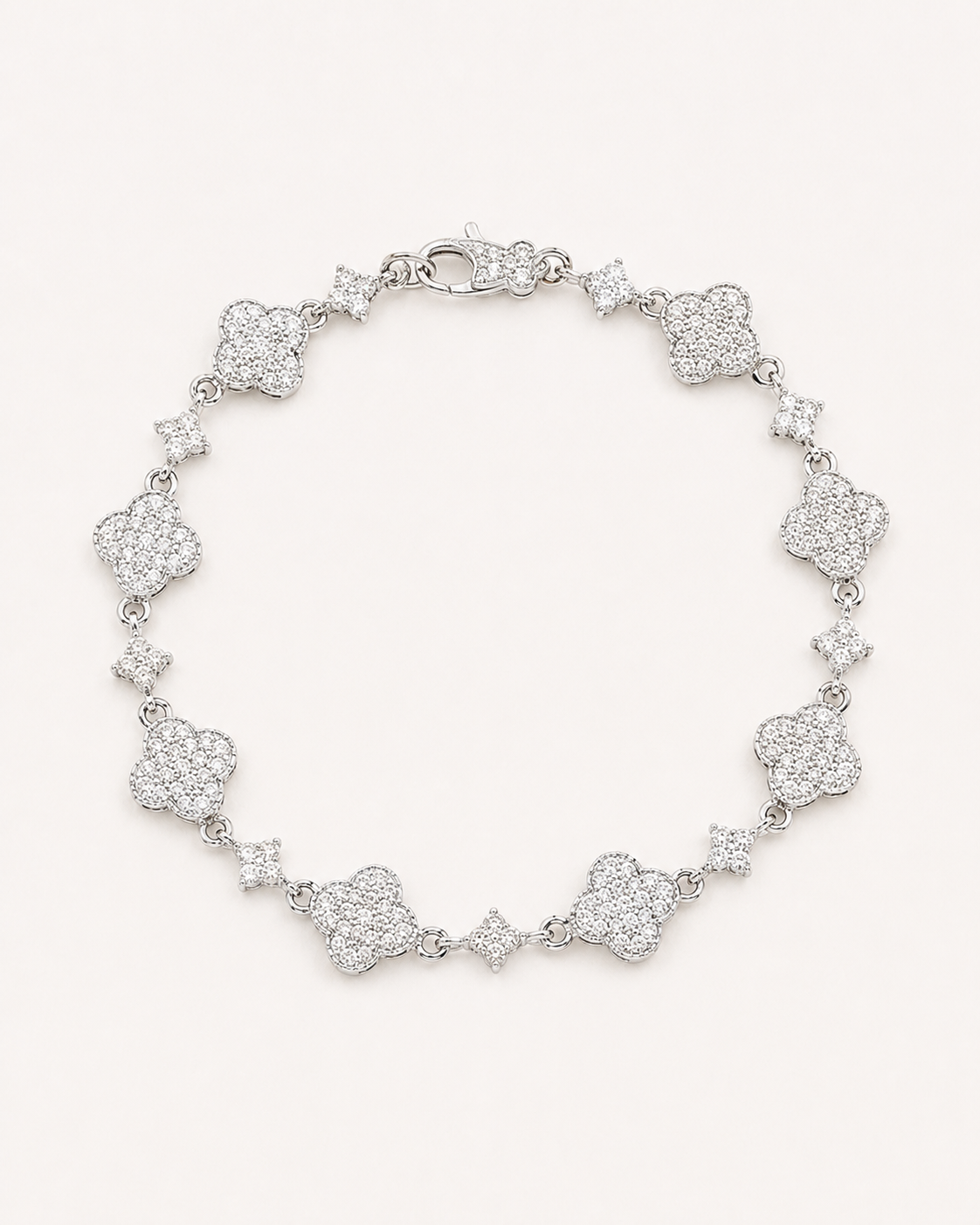Iced Out Clover Link Bracelet 925 Sterling Silver White Gold Finish