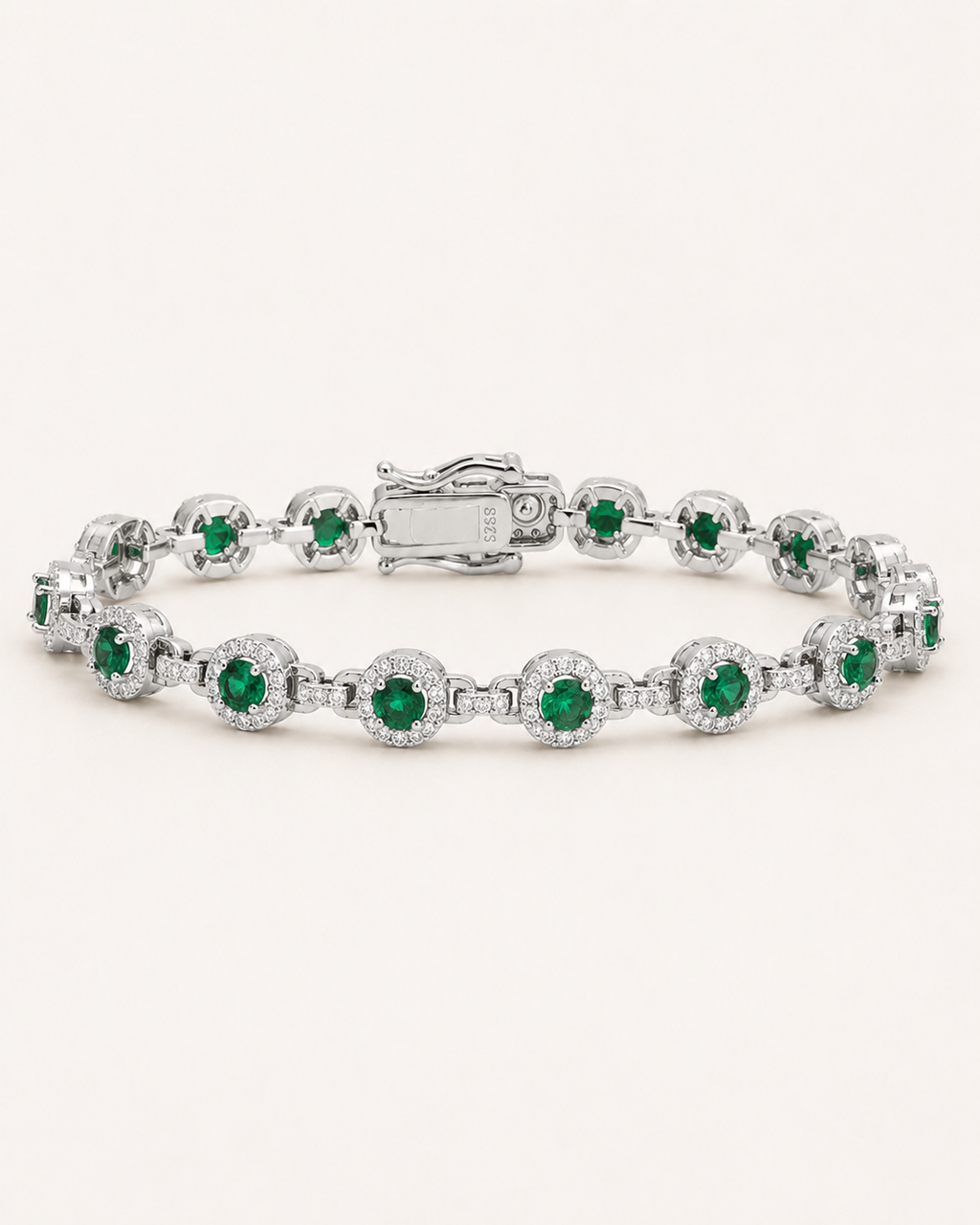 Emerald Green Halo Tennis Bracelet 925 Sterling Silver White Gold Finish