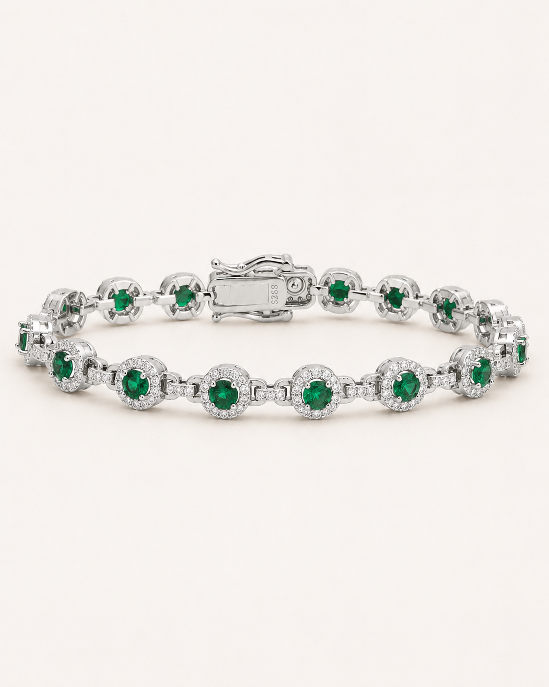 Emerald Green Halo Tennis Bracelet 925 Sterling Silver White Gold Finish