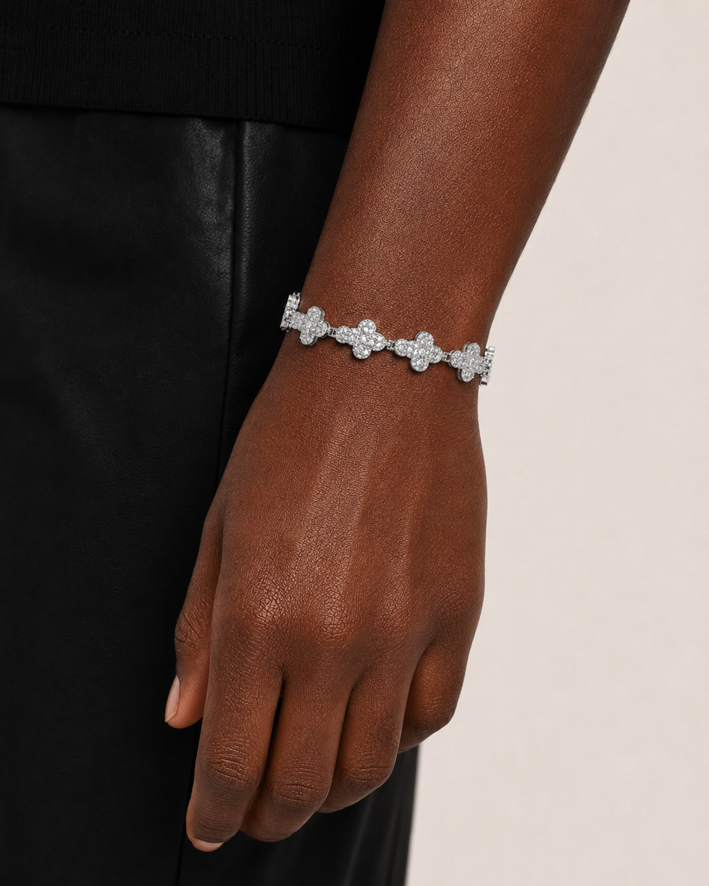 Clover Charm Iced Out Bracelet  White Gold Finish