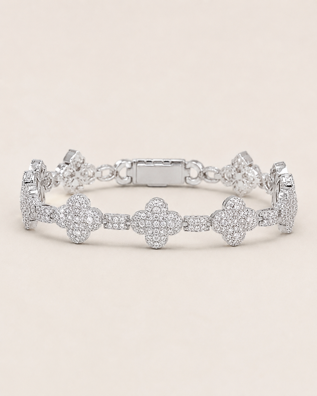 Clover Charm Iced Out Bracelet  White Gold Finish