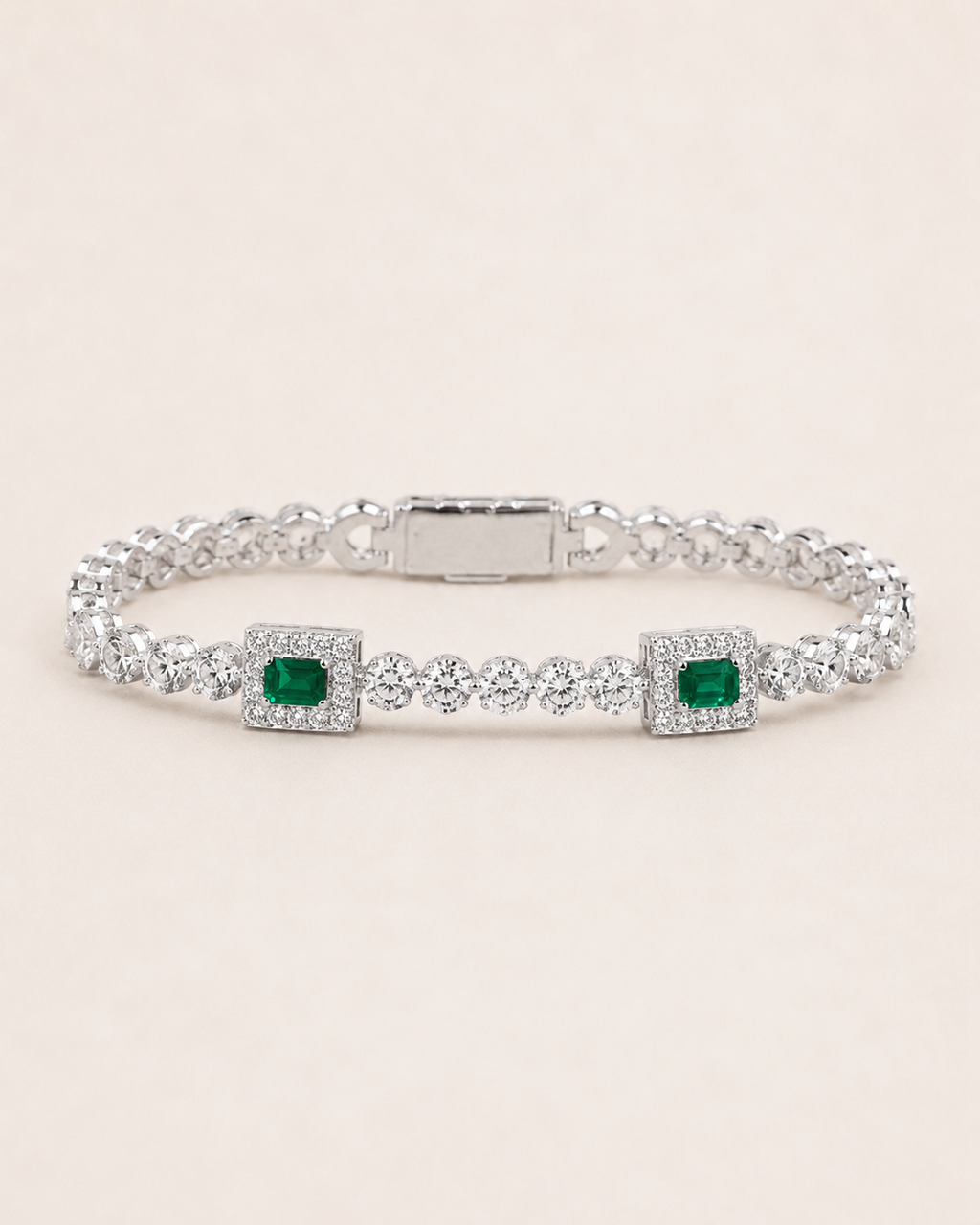 Emerald Green Halo Tennis Bracelet White Gold Finish Luxury Bracelet