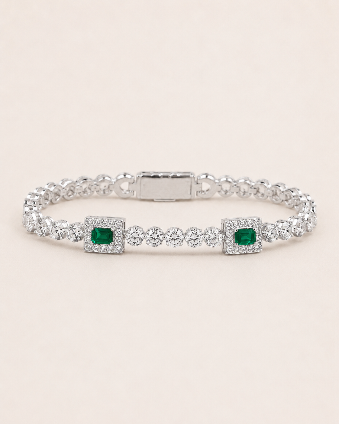 Emerald Green Halo Tennis Bracelet White Gold Finish Luxury Bracelet