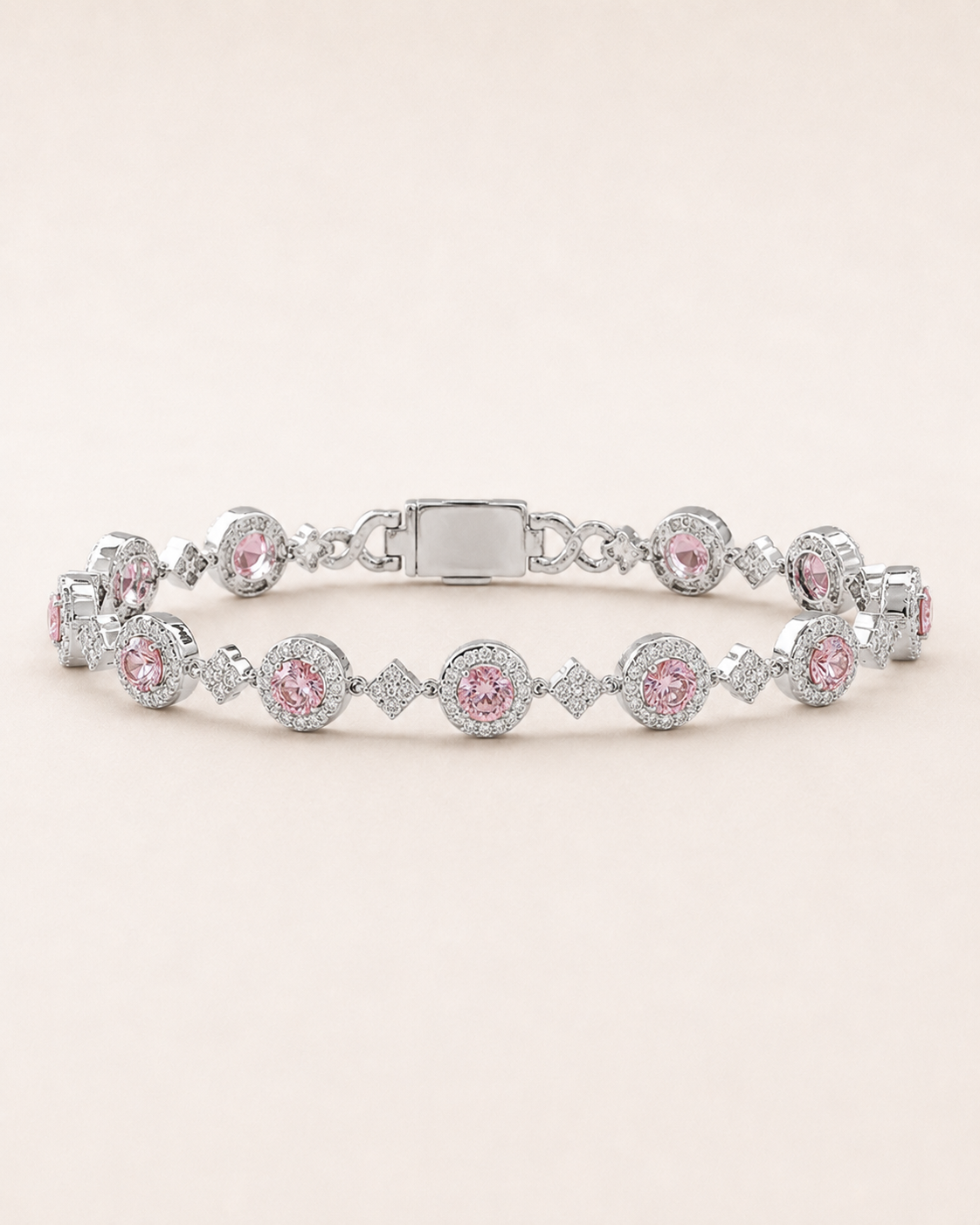 Pink Halo Link Bracelet White Gold Finish Bracelet