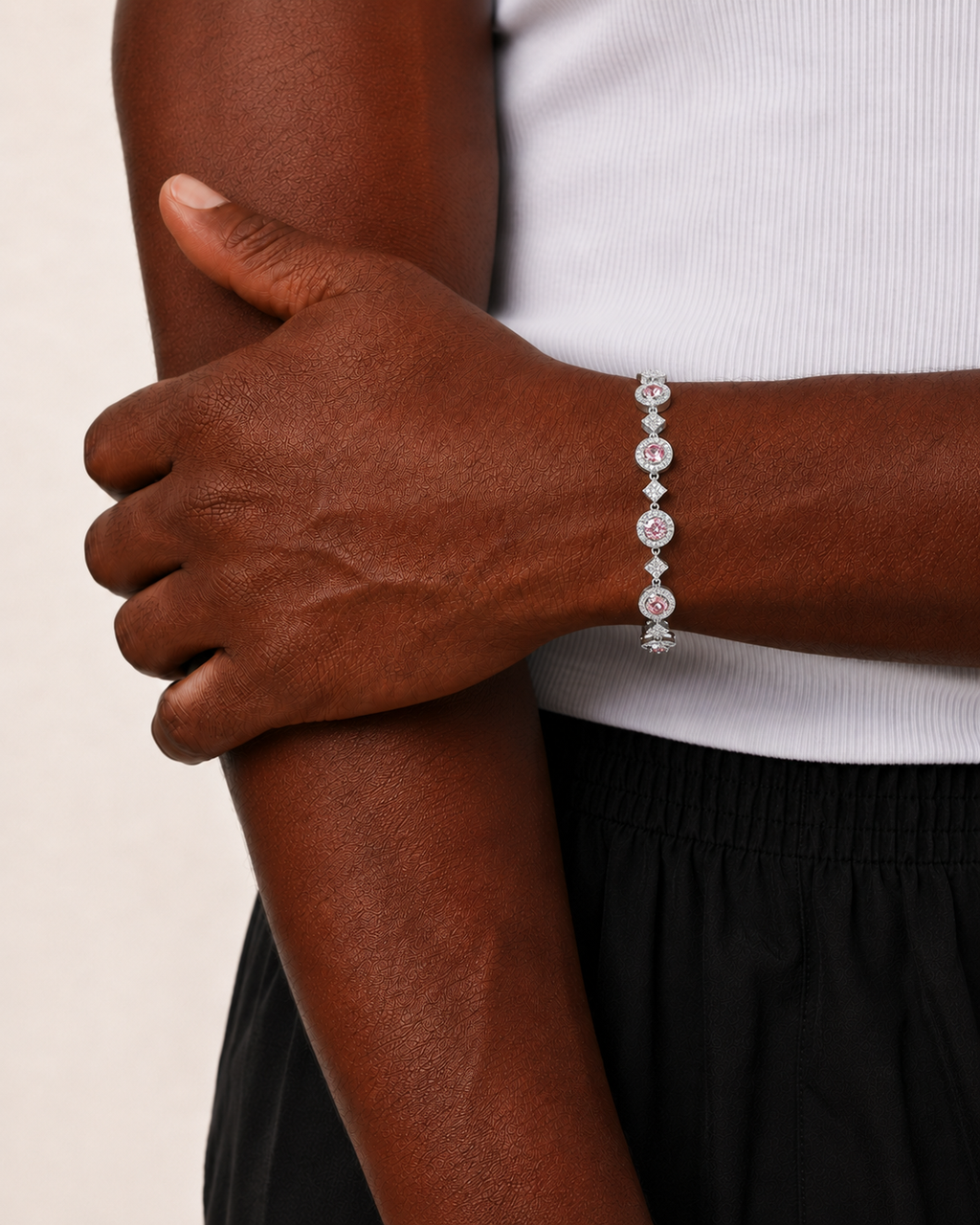 Pink Halo Link Bracelet White Gold Finish Bracelet
