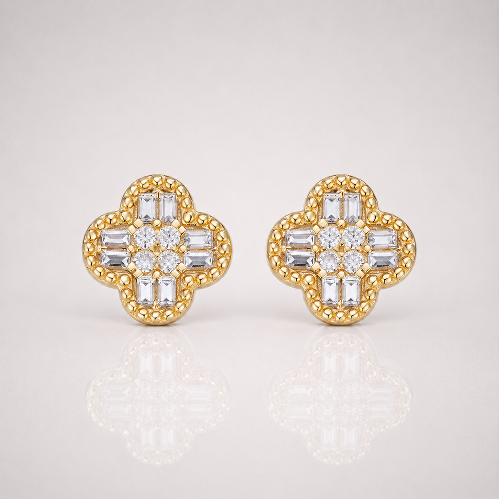 Classic Clover Iced Out Earrings - 14k Gold 925 Silver - 10mm