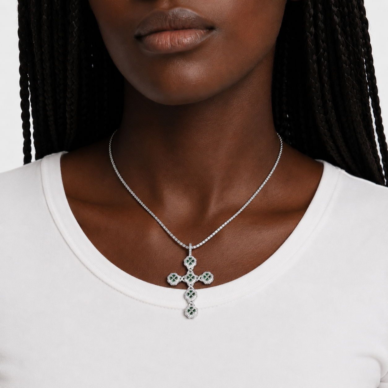 Green Clover Iced Cross Pendant