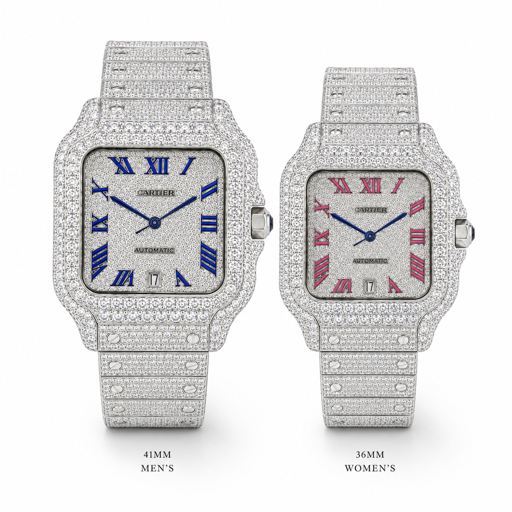 Full Iced Silver Square Couple Watch Set with Blue & Pink Roman Dial
