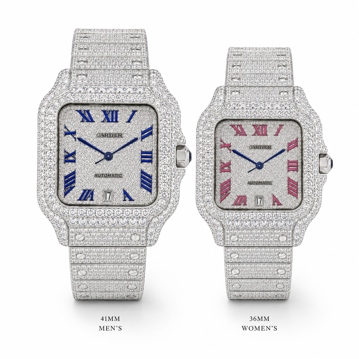 Full Iced Silver Square Couple Watch Set with Blue & Pink Roman Dial