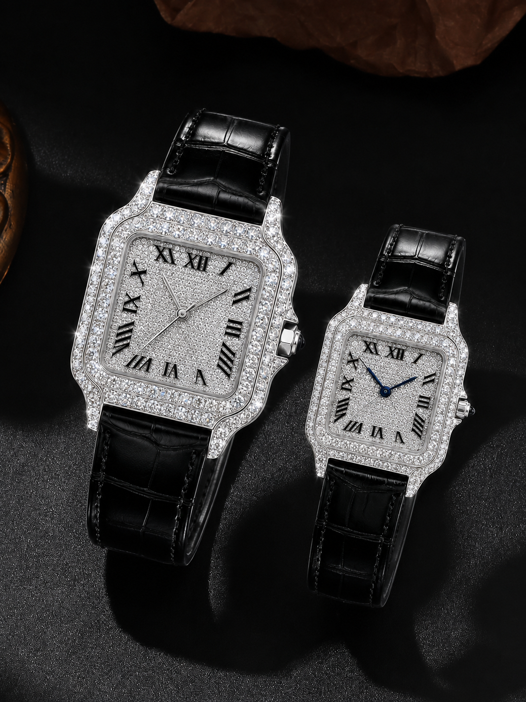 Iced Square Roman Dial Couple Watch Set with Black Leather Strap