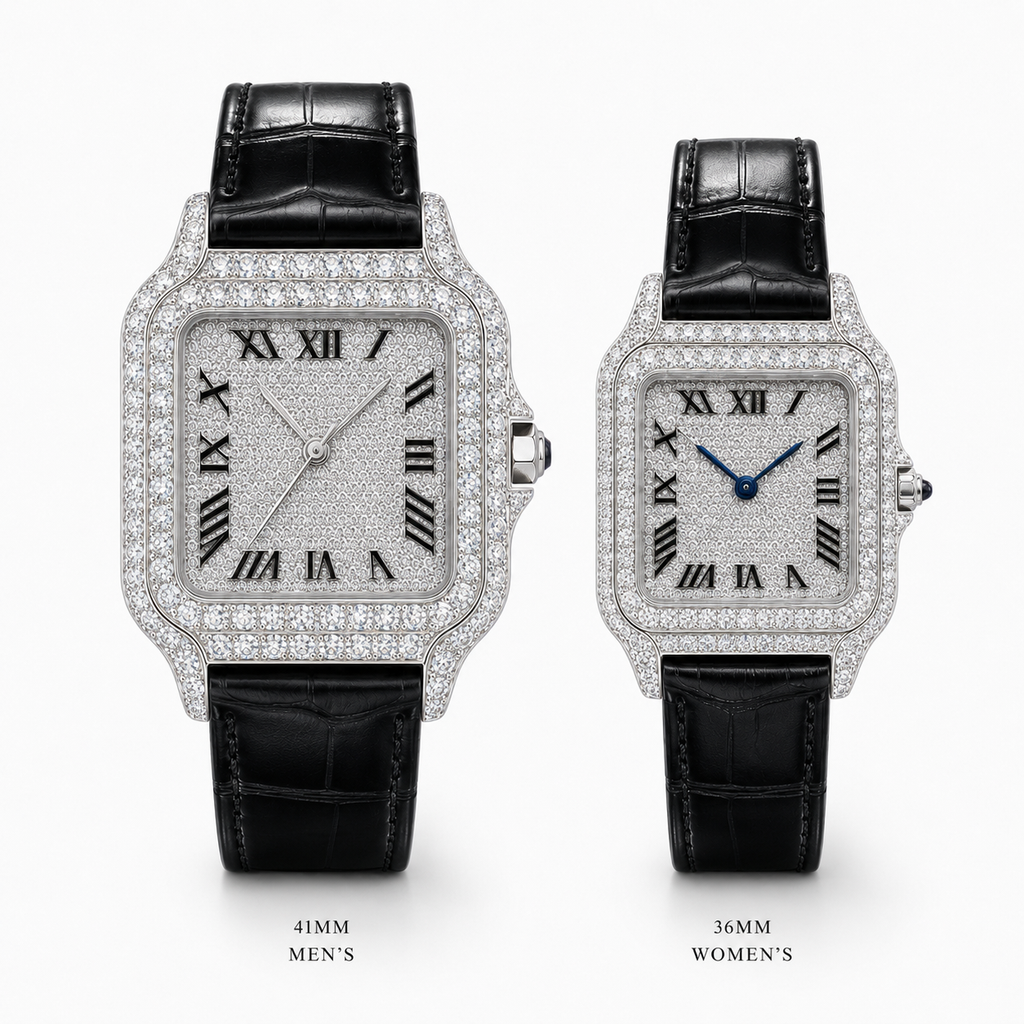 Iced Square Roman Dial Couple Watch Set with Black Leather Strap