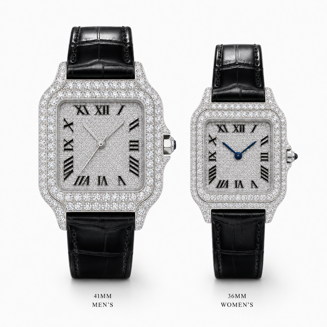 Iced Square Roman Dial Couple Watch Set with Black Leather Strap