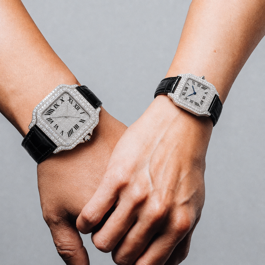 Iced Square Roman Dial Couple Watch Set with Black Leather Strap