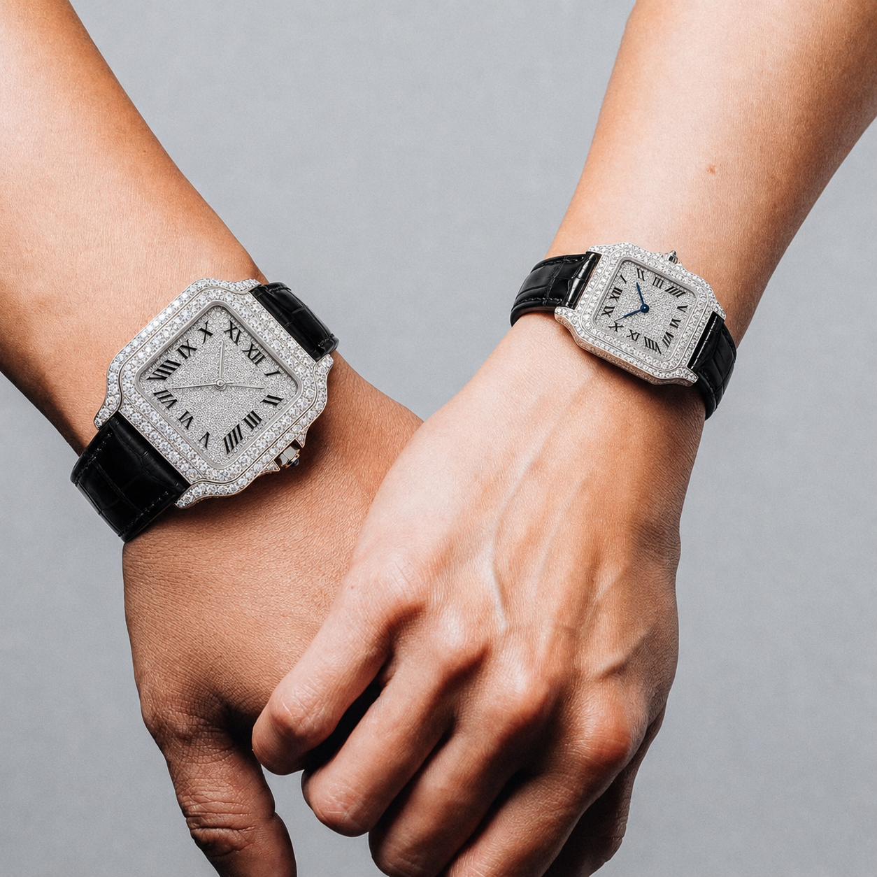 Iced Square Roman Dial Couple Watch Set with Black Leather Strap