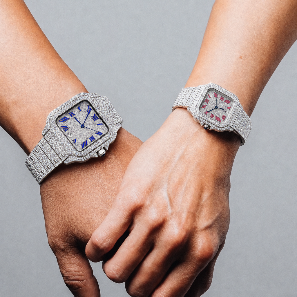 Full Iced Silver Square Couple Watch Set with Blue & Pink Roman Dial