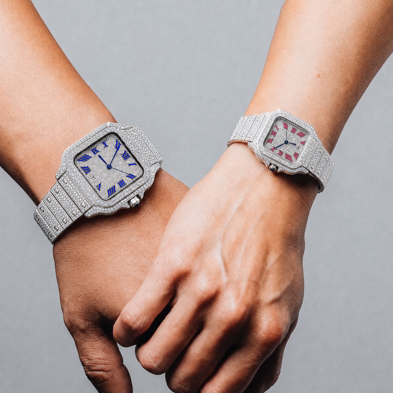 Full Iced Silver Square Couple Watch Set with Blue & Pink Roman Dial