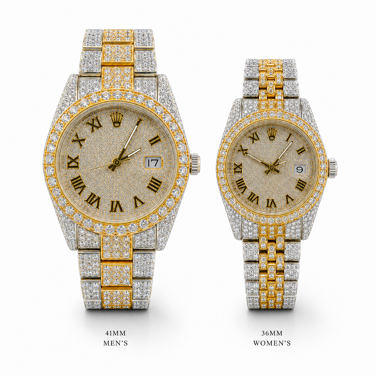 Two-Tone Iced Round Dial Couple Watch Set with Roman Numerals