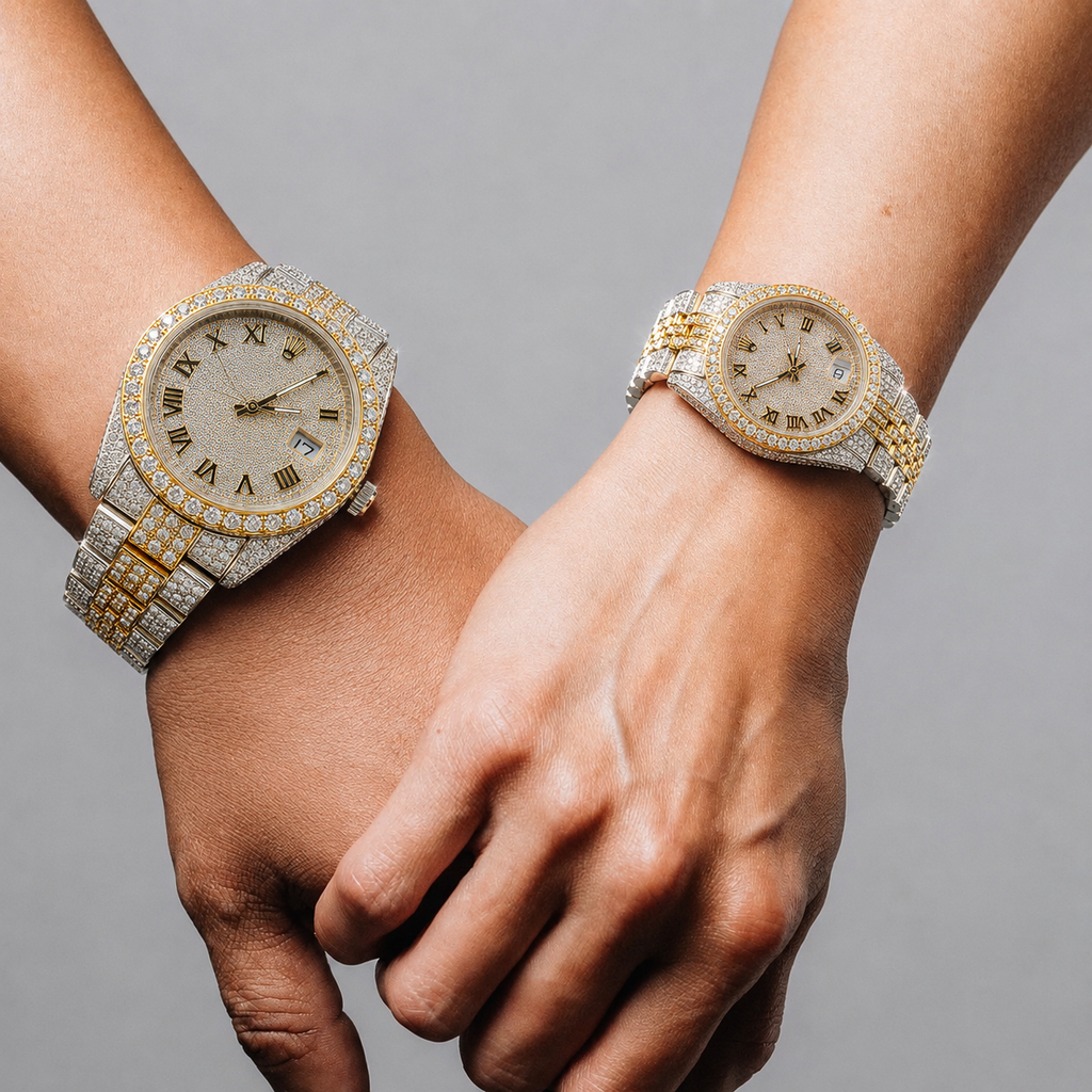 Two-Tone Iced Round Dial Couple Watch Set with Roman Numerals