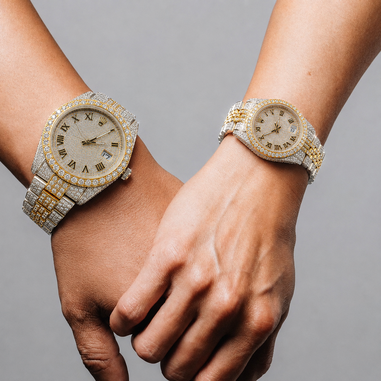Two-Tone Iced Round Dial Couple Watch Set with Roman Numerals