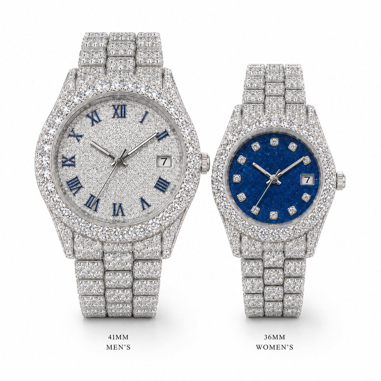 Full Iced Couple Watch Set with White & Blue Dial