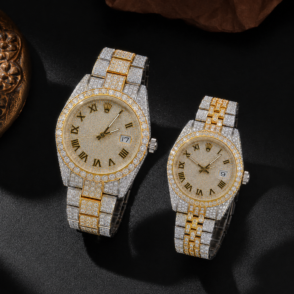 Two-Tone Iced Round Dial Couple Watch Set with Roman Numerals
