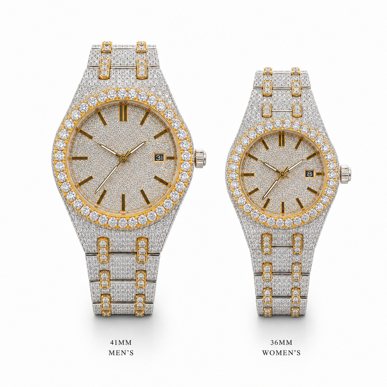 Two-Tone Full Iced Moissanite Couple Watch Set | 41mm & 36mm Round Dial