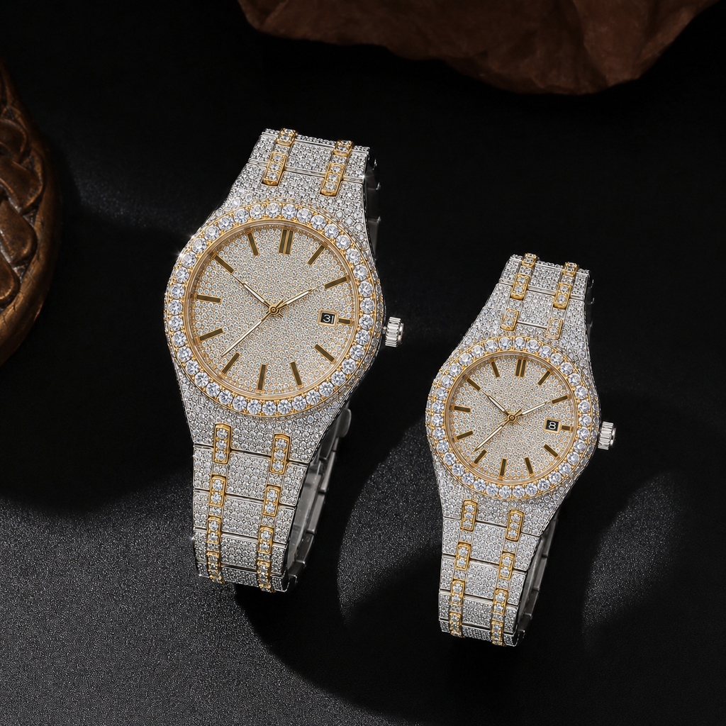 Two-Tone Full Iced Moissanite Couple Watch Set | 41mm & 36mm Round Dial