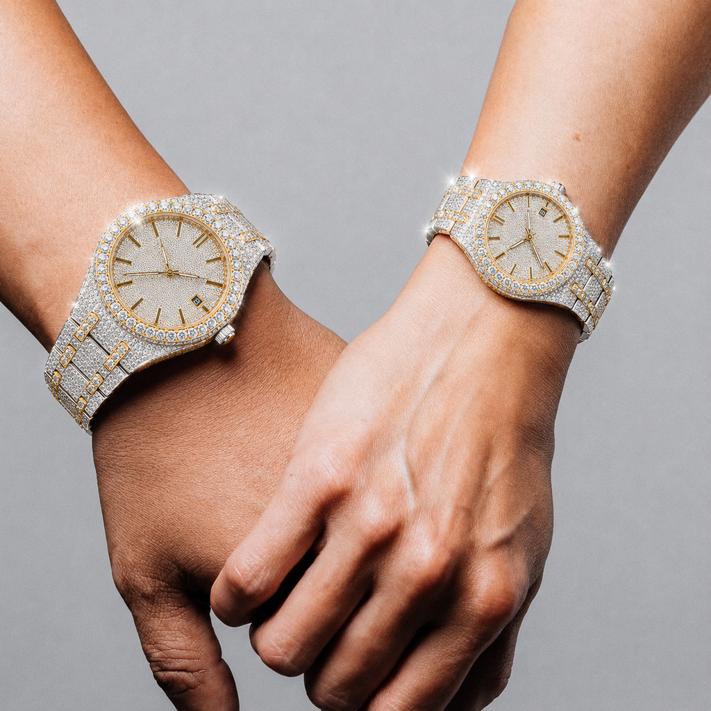 Two-Tone Full Iced Moissanite Couple Watch Set | 41mm & 36mm Round Dial