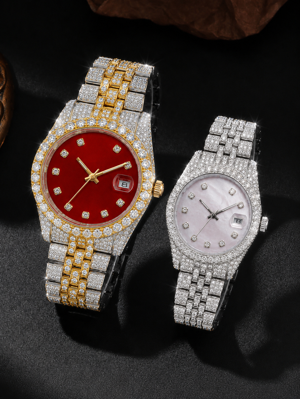Iced Couple Watch Set with Red Dial & White Dial | Two-Tone and Silver Bracelet Watches