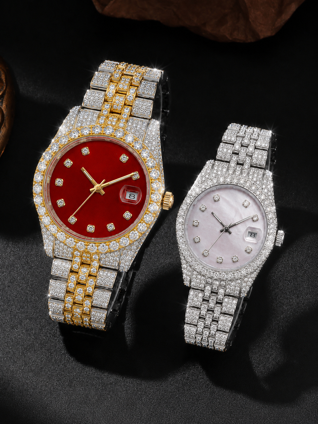 Iced Couple Watch Set with Red Dial & White Dial | Two-Tone and Silver Bracelet Watches