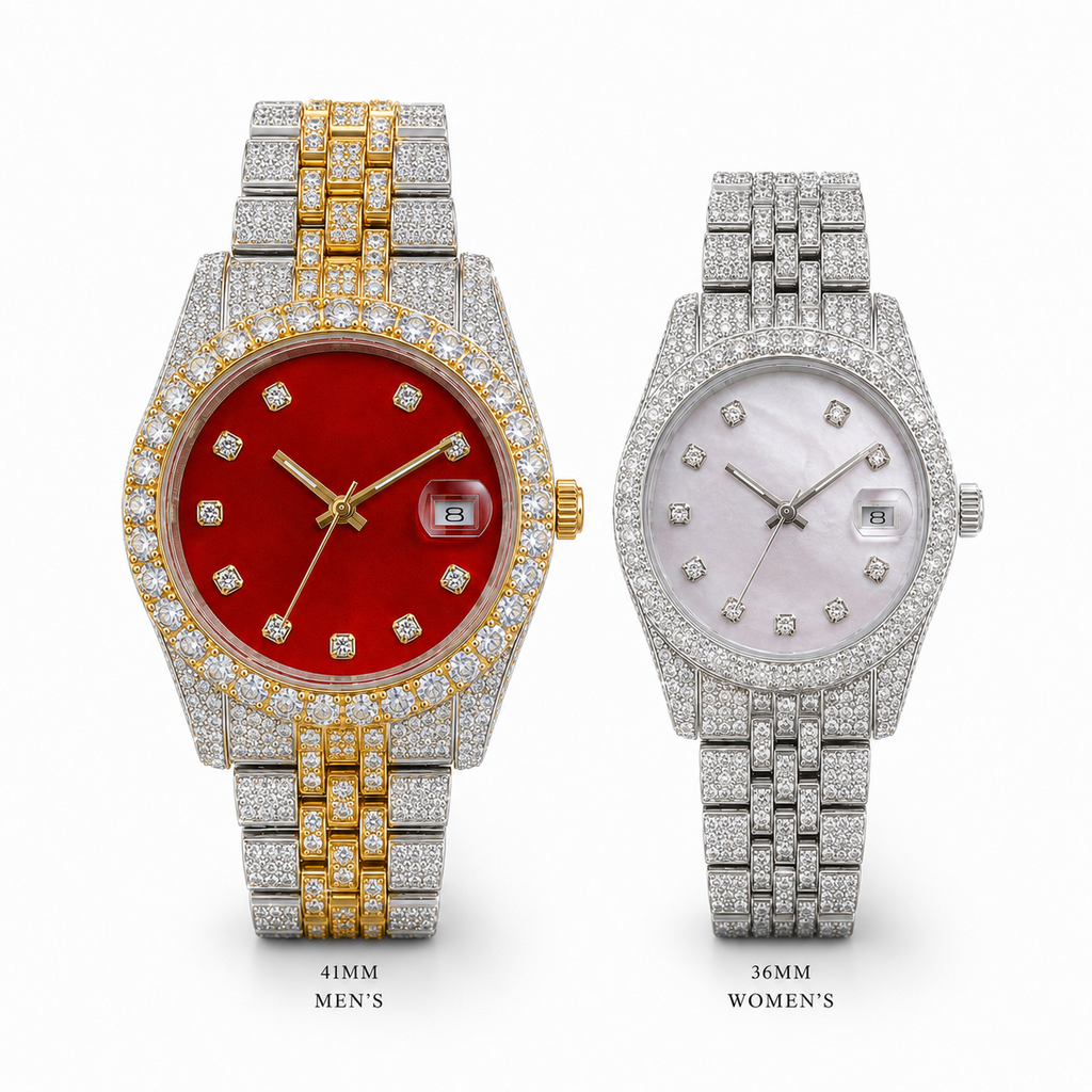 Iced Couple Watch Set with Red Dial & White Dial | Two-Tone and Silver Bracelet Watches
