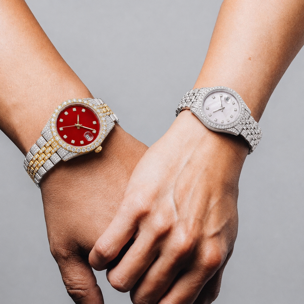 Iced Couple Watch Set with Red Dial & White Dial | Two-Tone and Silver Bracelet Watches