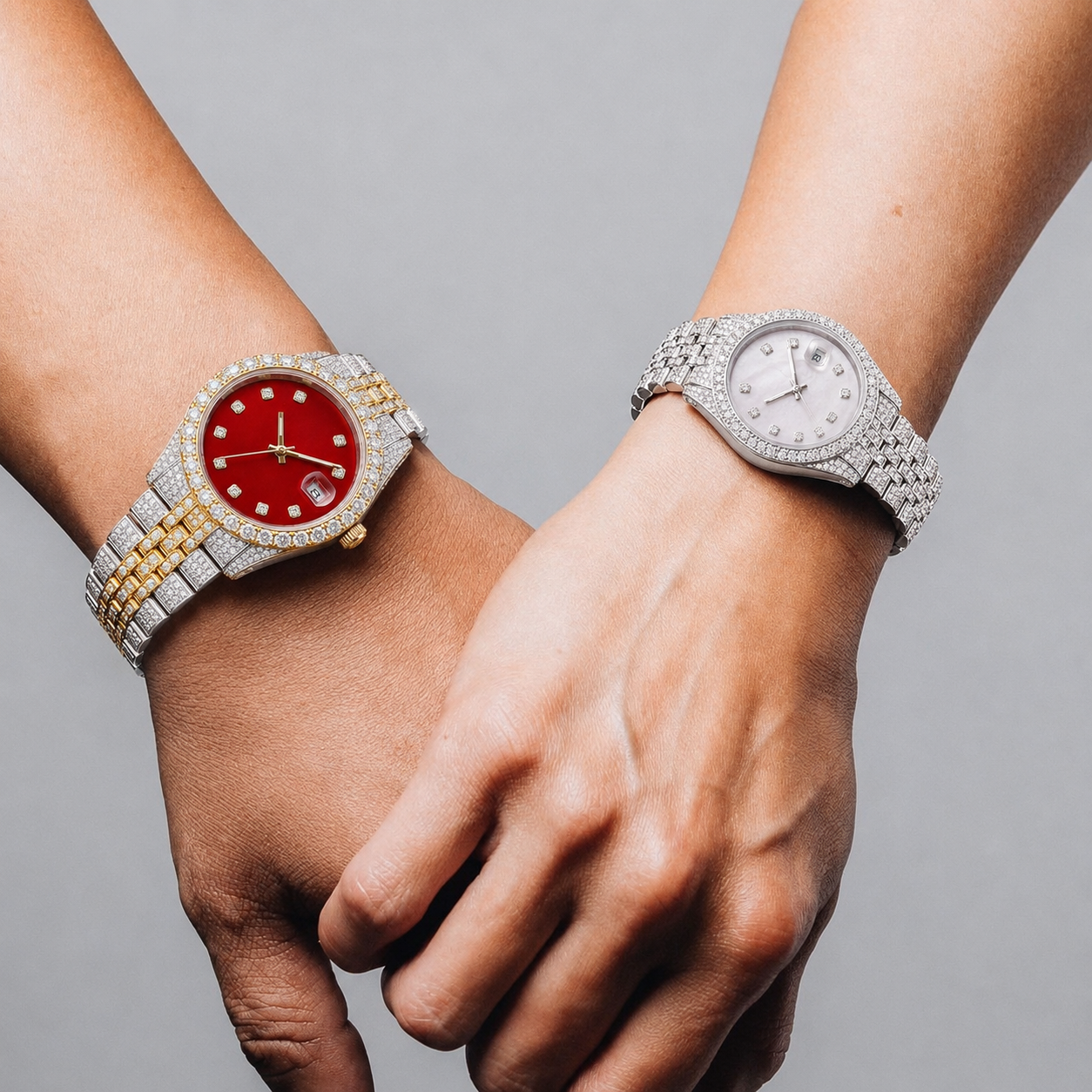 Iced Couple Watch Set with Red Dial & White Dial | Two-Tone and Silver Bracelet Watches
