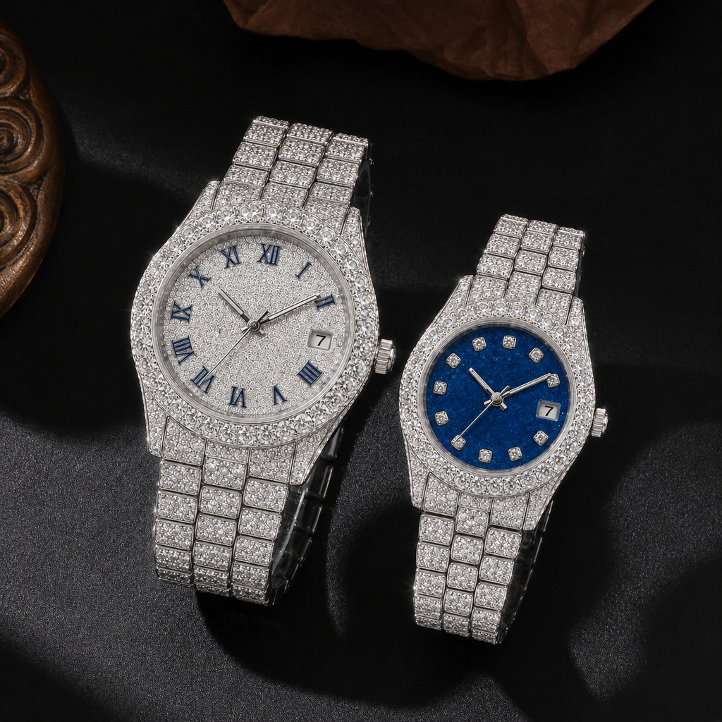 Full Iced Couple Watch Set with White & Blue Dial
