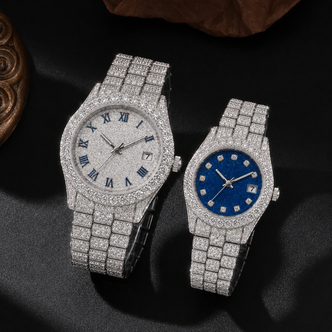 Full Iced Couple Watch Set with White & Blue Dial